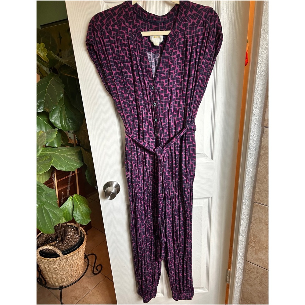 Anthropologie Maeve jumpsuit romper geometric button waist tie purple pink navy